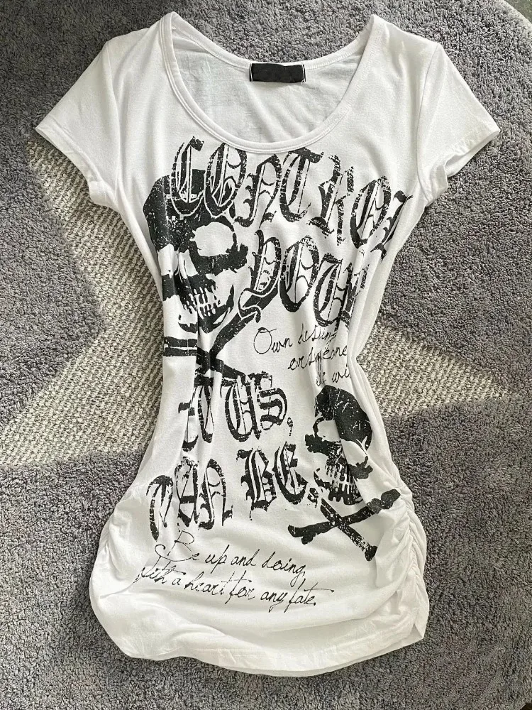2025 Punk Gothic Grunge T-shirt Vintage Print Short Sleeve Women's Emo Tops Y2K Emo Aesthetic Sexy Streetwear Tees Casual New