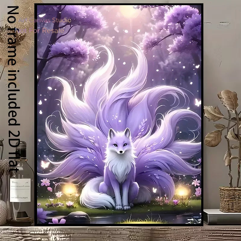 2D Flat, [2D Flat] 1pc Decorative Canvas Art: Nine-Tailed Fox in a Dreamy Forest, with Purple and White Fur Shimmering in the