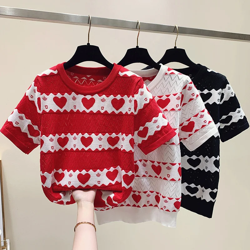 Summer Women Vintage Striped Hearts Knitted T-Shirt Fashion Short Sleeve Hollow Out Slim Fit Thin New Knitwear Tees Tops Mujer