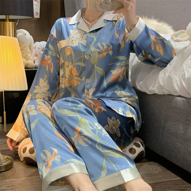 2024 New Ice Silk Soft Sleepwear Women\'s Lapel Cardigan Sets for Women 2 Pieces Fashion Printing Flower Sleeping Wear for Women