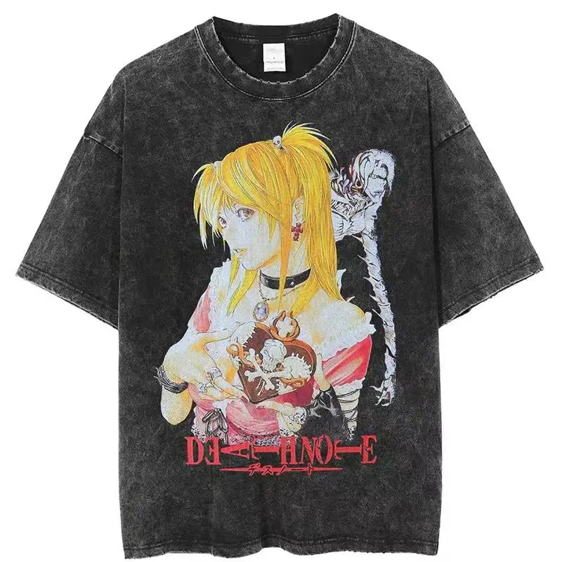 Japanese Anime T-shirt Death Note Washed T Shirt MisaMisa Printing 100% Cotton T-shirt Lawliet Black Vest Summer Streetwear Top