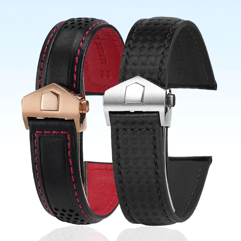 

Soft cowhide strap for Tag Heuer Carrera Monaco F1 watch band Black red line Bracelet Men Fold buckle bracelet Mens Wristwatch