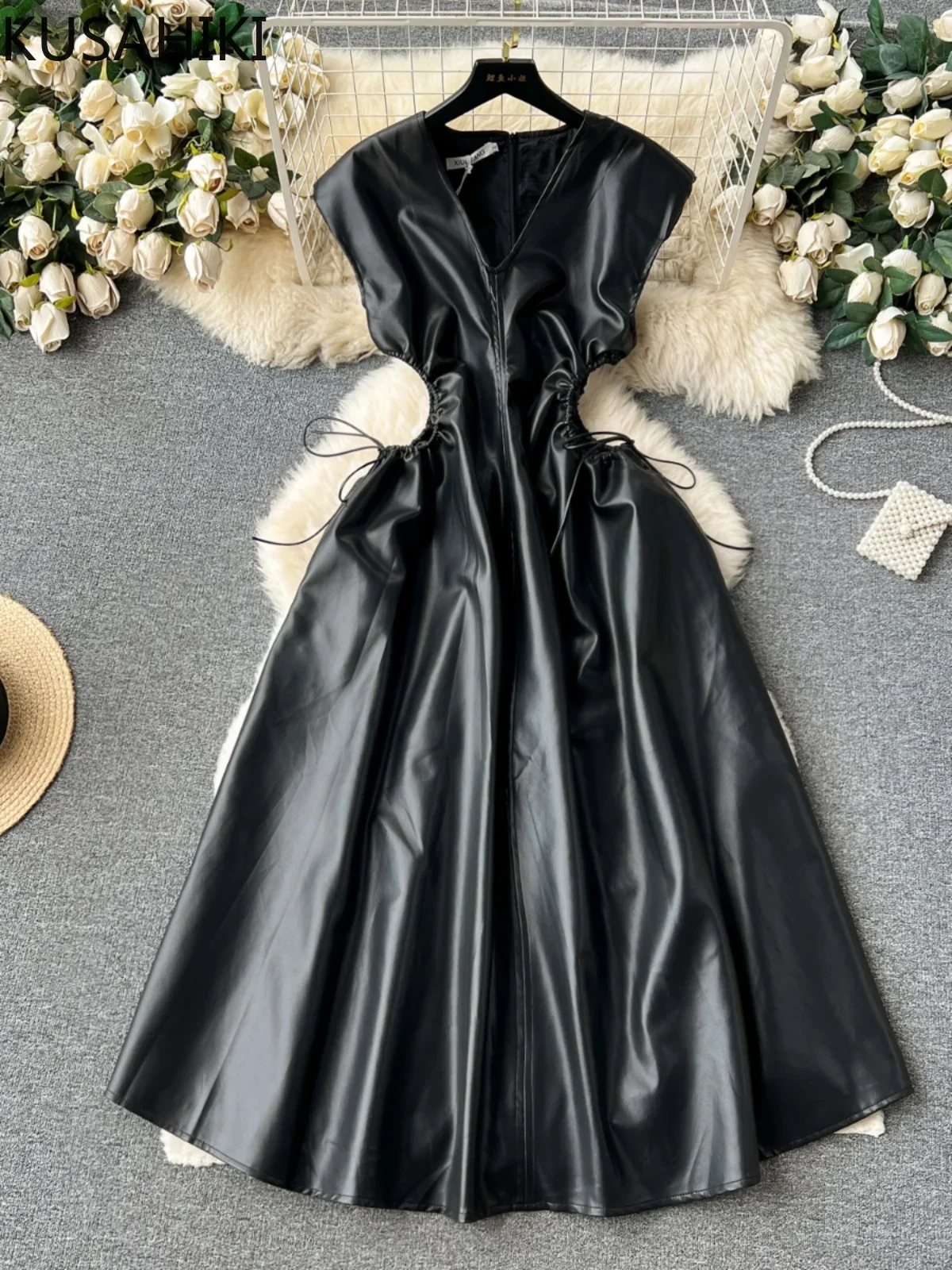 KUSAHIKI Spicy Girl Style Sleeveless Leather Dress for Women Autumn Drawstring Waist V-neck Hollow Out PU Design Long Dresses