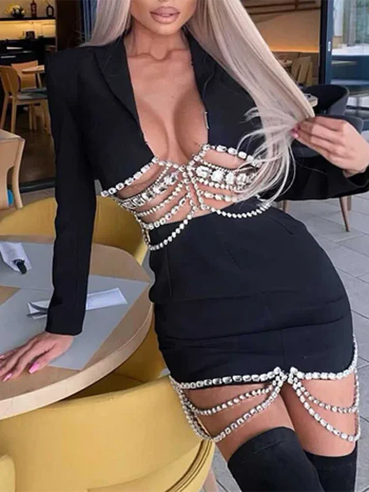 VGH Solid Spliced Chain Two Piece Set For Women Notched Collar Long Sleeve Blazer High Waist Short Skirts Sexy Chic Sets Female