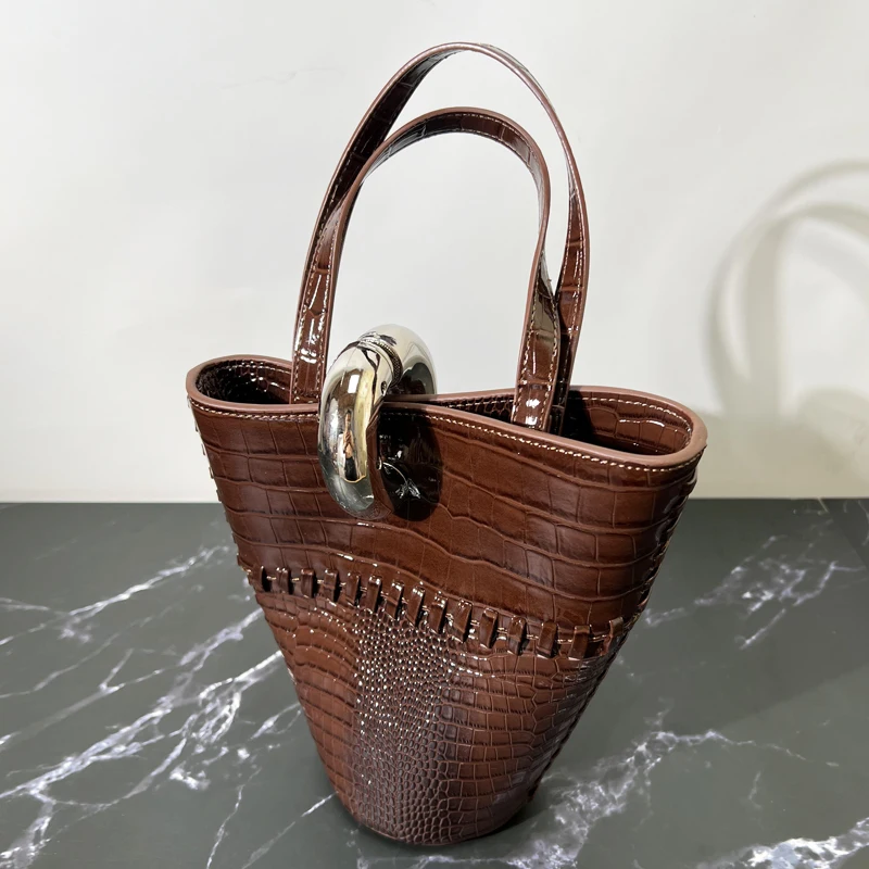 

Vintage Bucket Bag For Women Luxury Designer Handbag Purse 2025 New In PU Spliced Crocodile Pattern Sequined Top Handle Shoulder