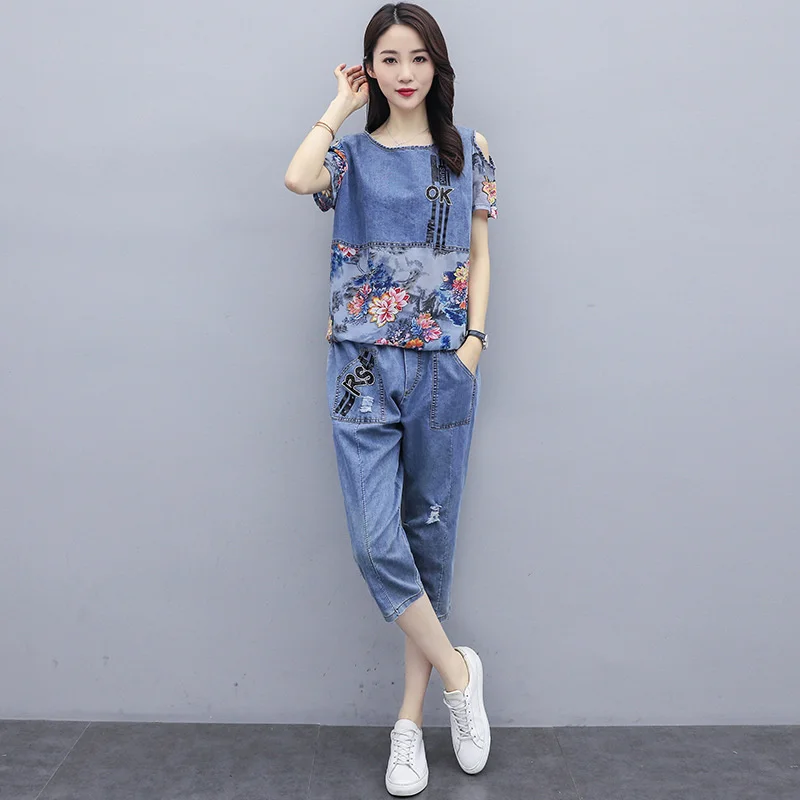 Summer Denim Printed Stitching Pants Two-Piece Women\'s 2023 New Summer Fashion Casual Denim Top + Hole Jeans Pants Female Sets