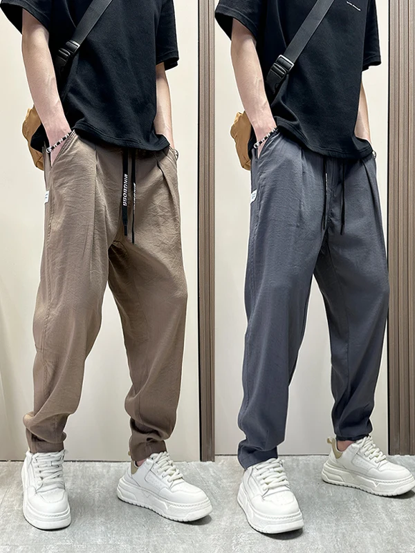 

Men's Cotton Linen Casual Pants Summer Thin Loose Straight Tube Breathable Harlan Pants Pure Color Nine Points Trendy Brand