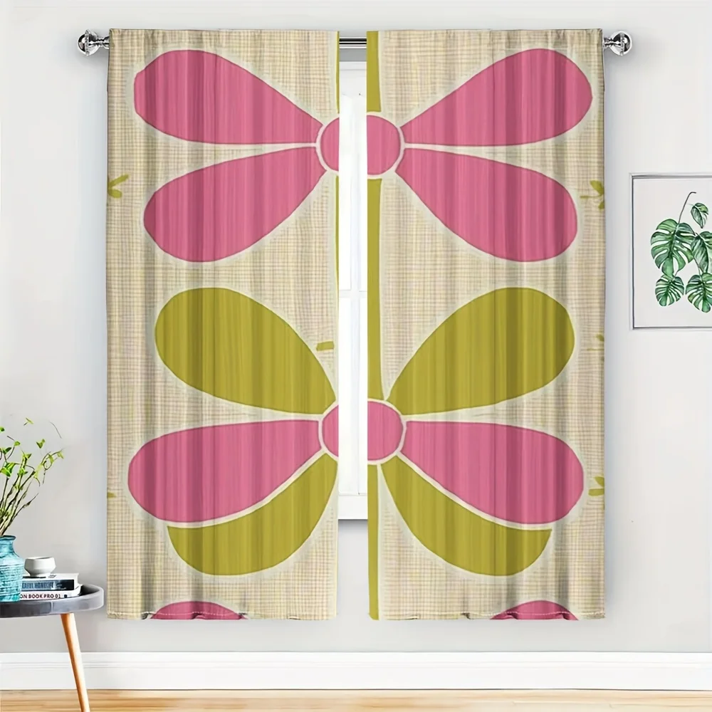 2-teiliges Trendiges Boho Rosa-Gelbes Schleifenmuster Vorhang-Set Niedliche Blumen-Fenstervorhänge für Wohnzimmer Schlafzimmer Heim-Dekor Stilvolle Gardinen