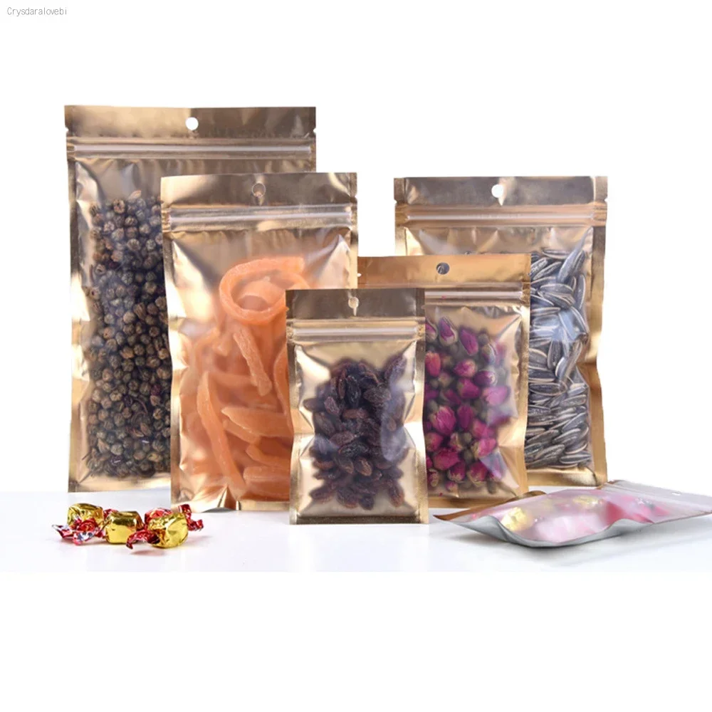 100Pcs Matte Mylar Foil Clear Gold Zip Lock Bag with Hang Hole Self Grip Seal Tear Notch Flat Pouches for Food Snack Bean Pack