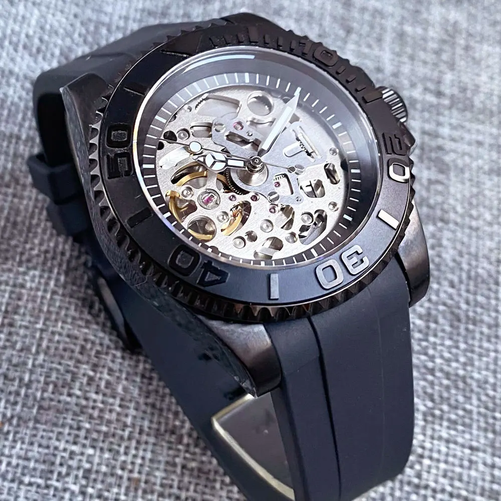 Black NH70 Mechanical Watch Men Skeleton Hollow Dial 120clicks Bezel Ring Matte Bezel Insert Sapphire Glass Curved End Rubber