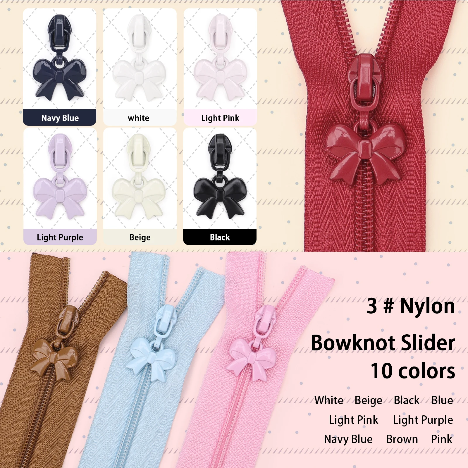 1 Set enthält 5 Yards (177,16 Zoll) # 3 Nylon-Reißverschlüsse und 10 Reißverschlussgriffe im Bogen-Stil.