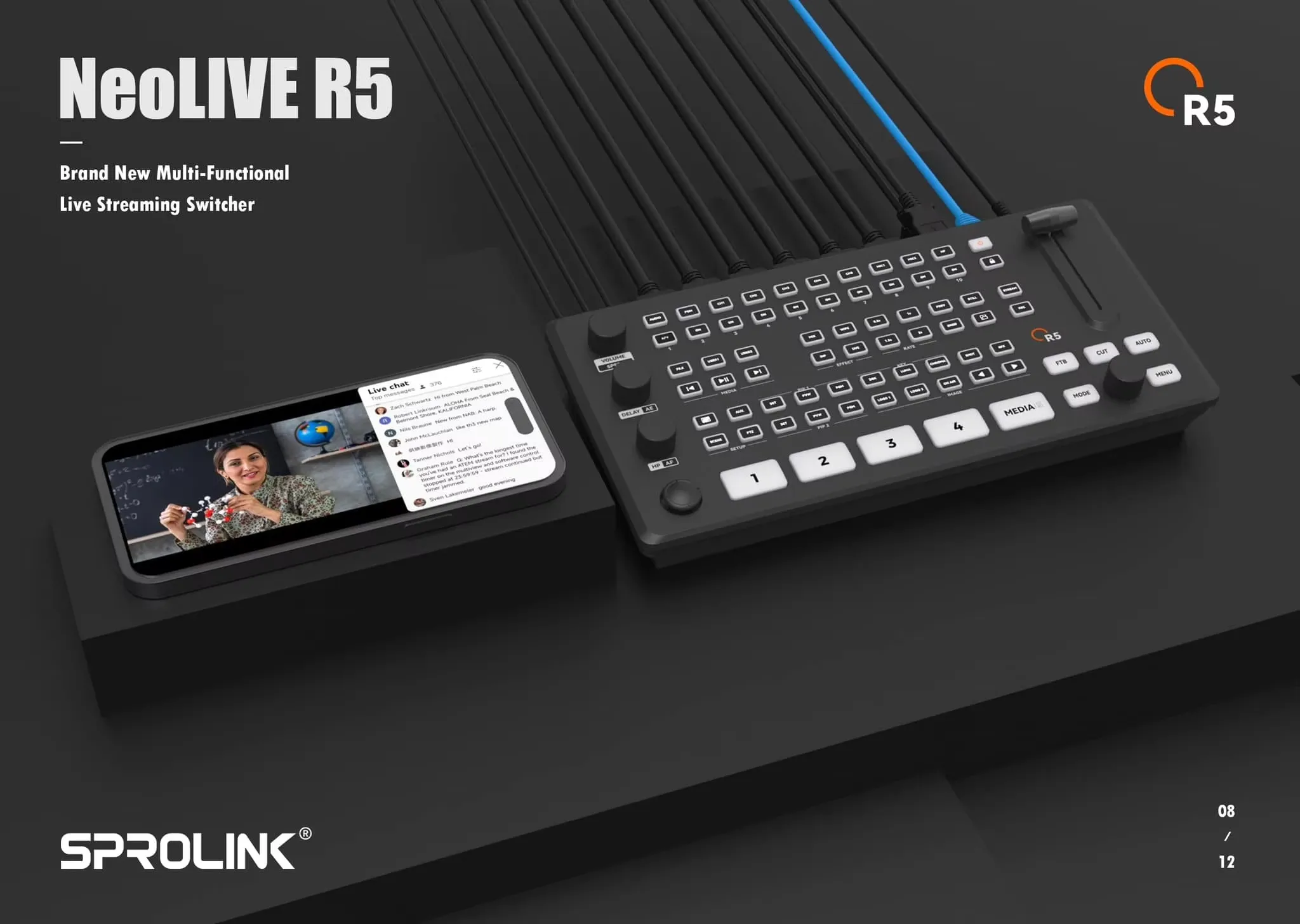 SPROLINK Neolive R5 R5S Live streaming switcher Support USB3.0 Lossless Stream Low Third Overlay Built in UVC Media Player