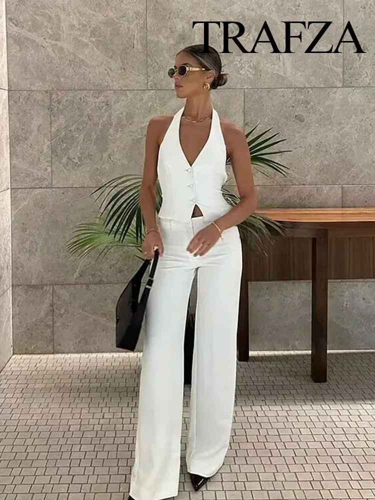 TRAFZA 2024 Women New Fashion 2 Piece Set Backless Sleeveless Halter Neck Lace-Up Suit Vest+Chic Zipper Casual Suit Long Pants