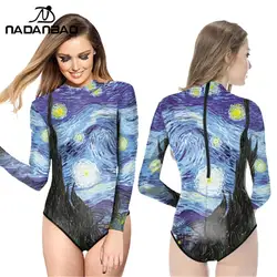 New Style Bodysuit Beach Wear Van Gogh Printed Women Swimwear Loog Sleeve Zippered One Piece Swimsuit Y02016