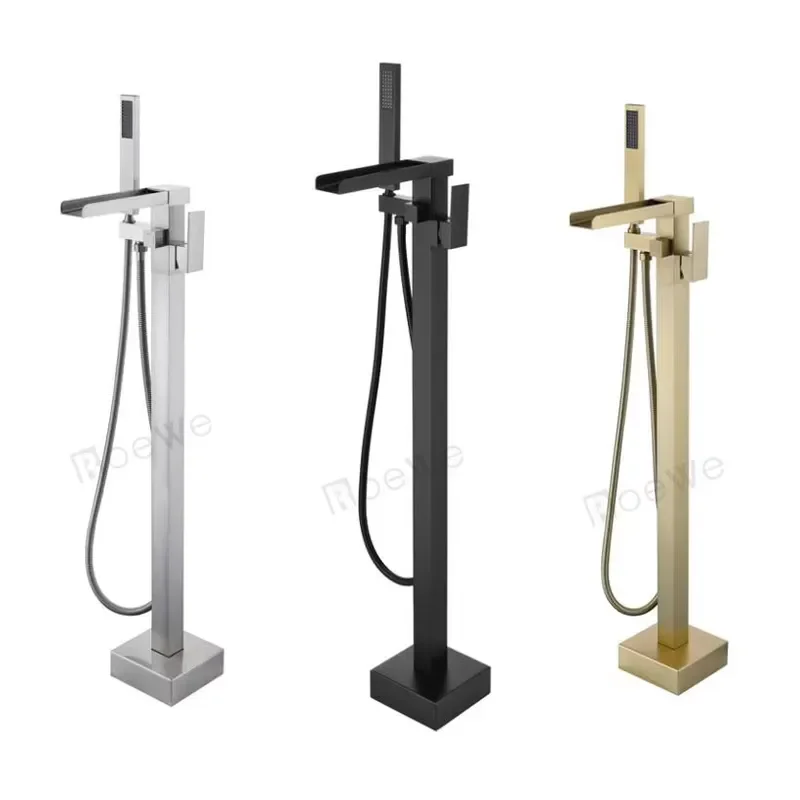 CUPC Approved Bathroom Stand Alone Shower Mixer Tap, Floor Mounted Free Stand Mixer Brass Body Black Freestanding Bathtub view 4