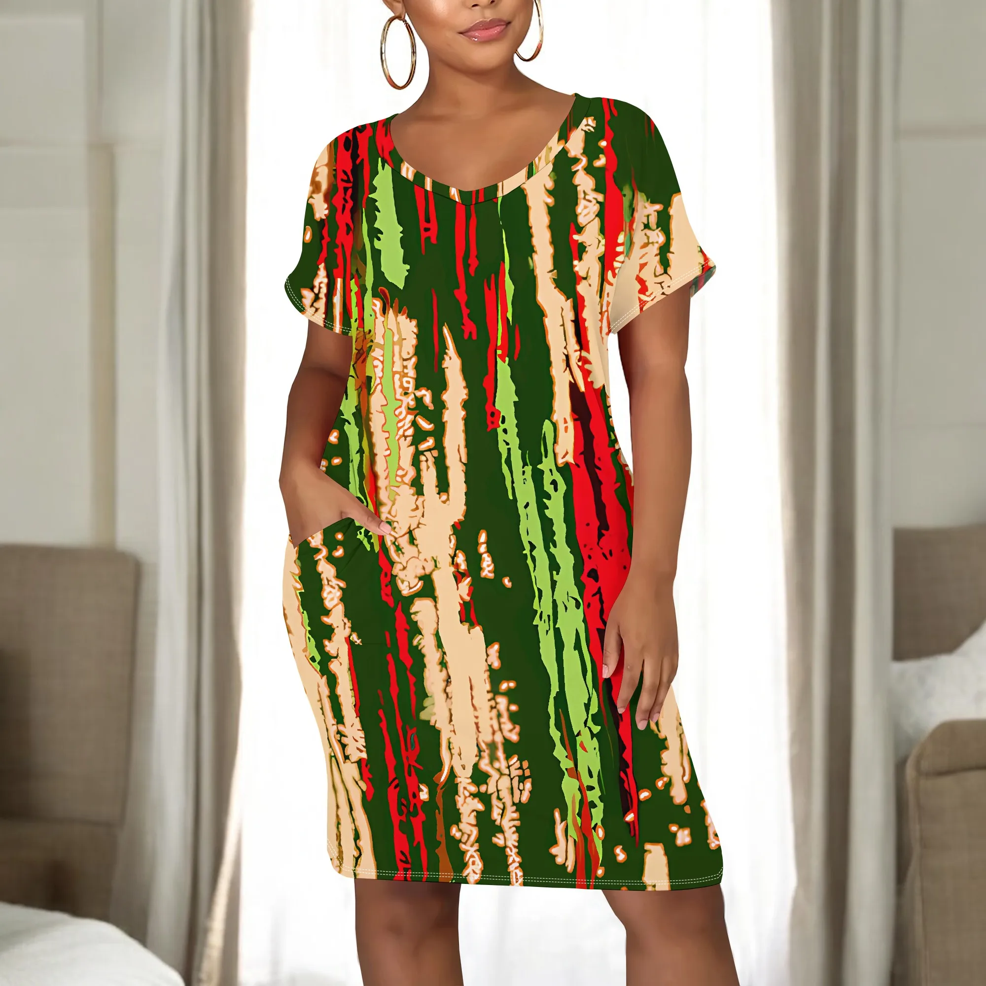 

Women's Pullover Sexy Short Sleeve Round Neck Loose Dress for Women Fashion Printed Summer Casual Midi Dresses With Pocket