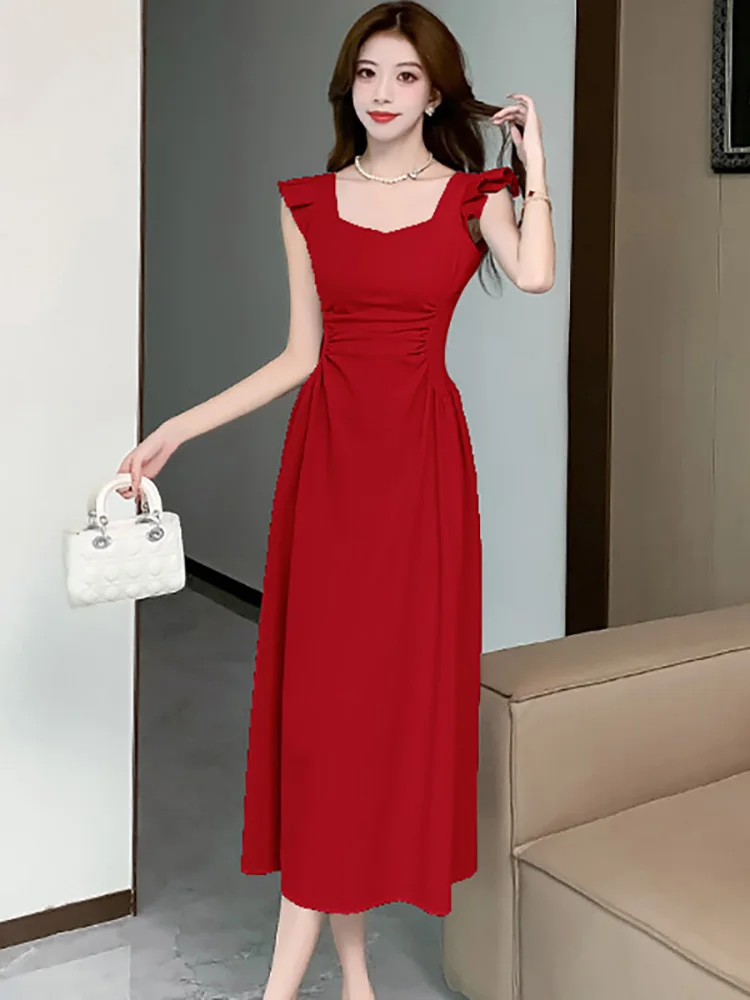 2025 azul chique babados manga voadora midi vestido de verão elegante plissado bodycon gola quadrada vestido feminino coreano vestidos de férias