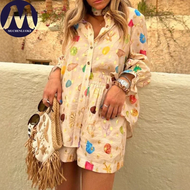 Conjunto de 2 piezas para mujer, novedad de verano, elegante estampado, manga larga, cuello, camisa colgante, Tops, trajes, conjuntos cortos sueltos informales a la moda