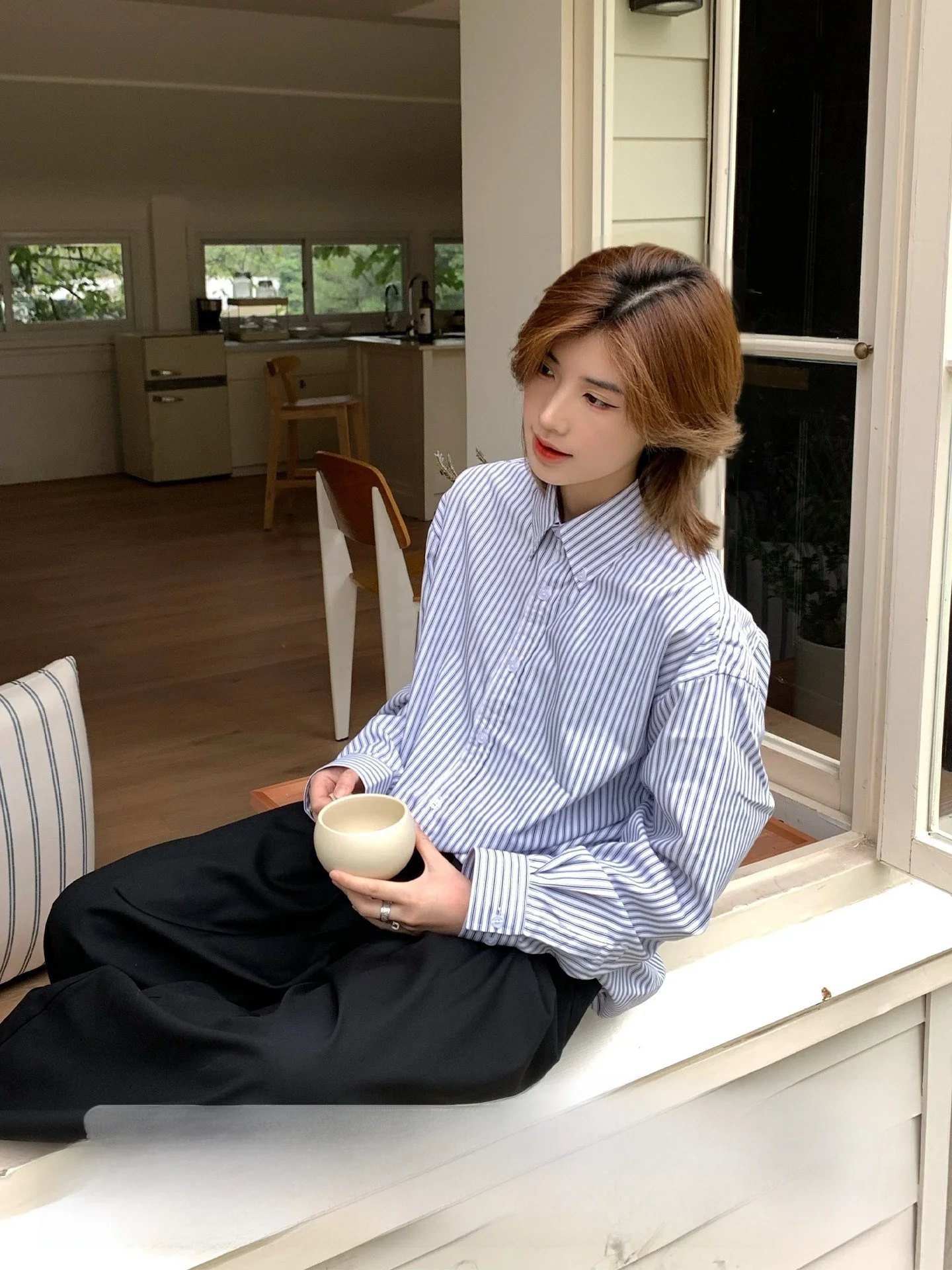 

Classic White Striped irt Casual Thin Long Sve ex Casual Wear Polyester Fiber Straight Cut Spring Season irt