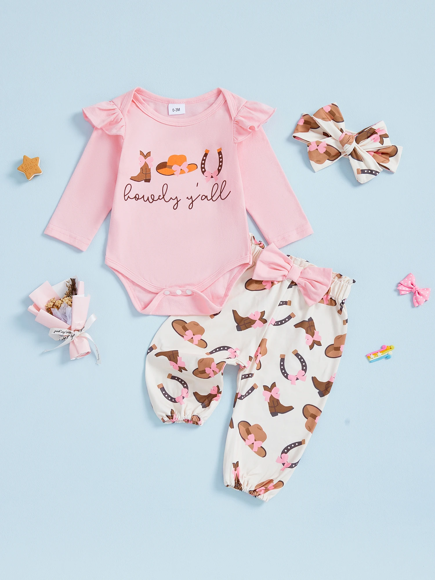 

Комплекты одежды для маленьких девочек, модные сапоги в стиле вестерн, комбинезон с длинными рукавами и принтом, штаны, повязка на голову, осенние наряды из 3 предметов