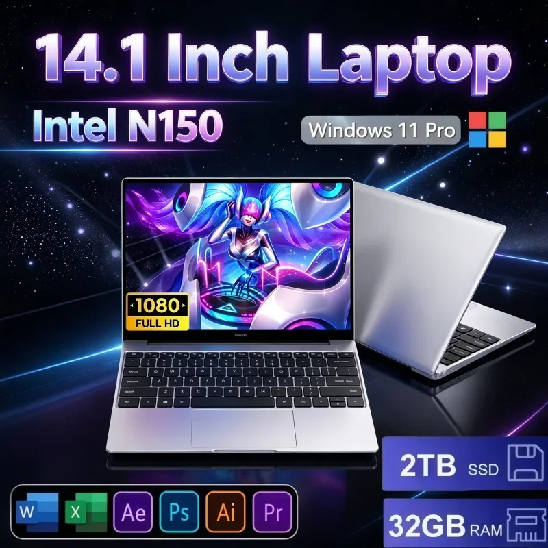 14.1" Light Slim Portable Computer Intel N150 32GB RAM 2TB Large SSD Windows11 Notebook For Online Course And Light Gaming