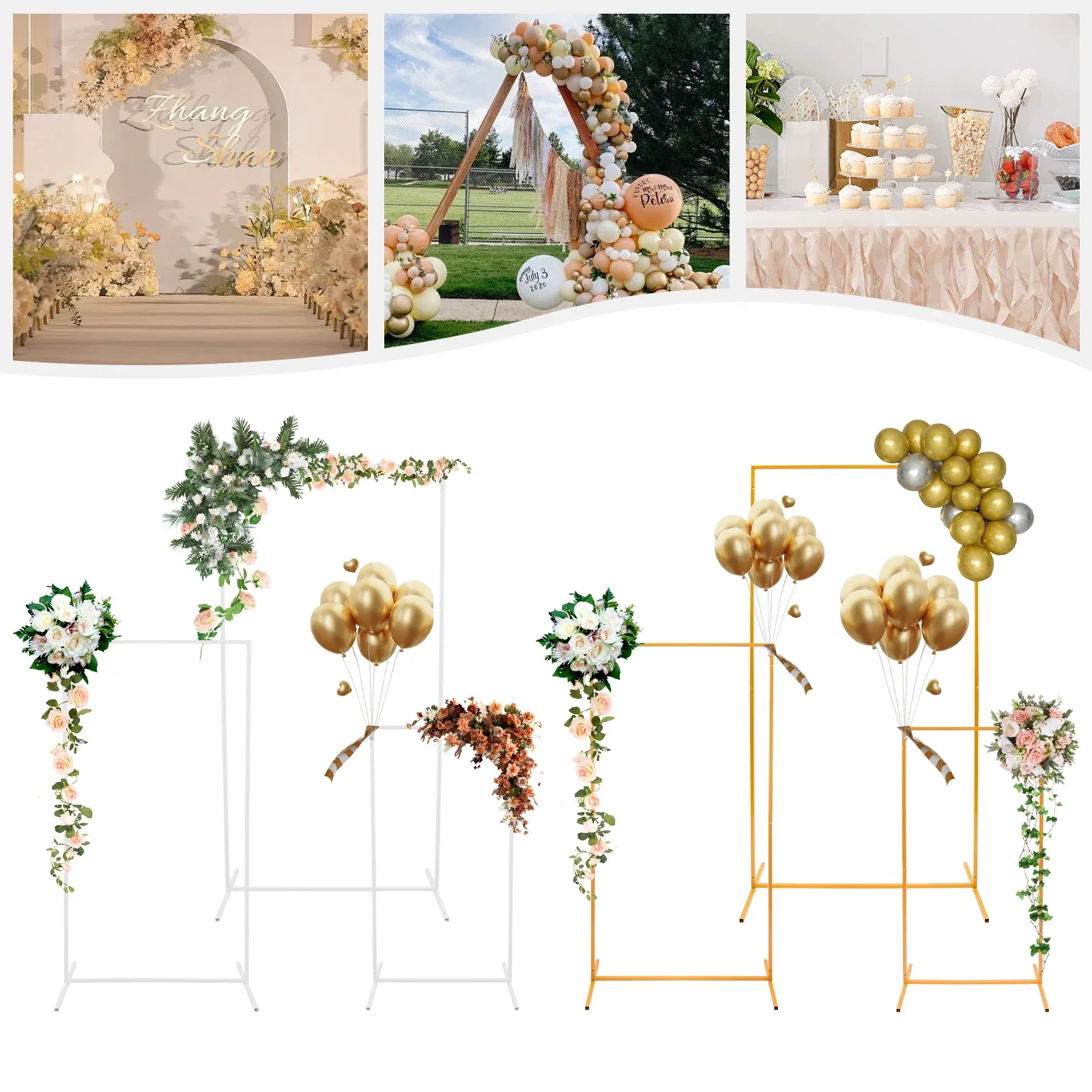 3PCS White/Gold Rectangular Metal Backdrop Stand Rectangular Balloon Frame Metal Backdrop Stand