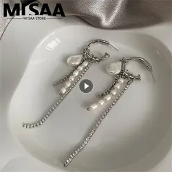 925 Silver Round Bar Tassel Long Earrings For Women Temperament Sexy Pearl Earrings Fashion Korean Ins Jewelry Gift 2023