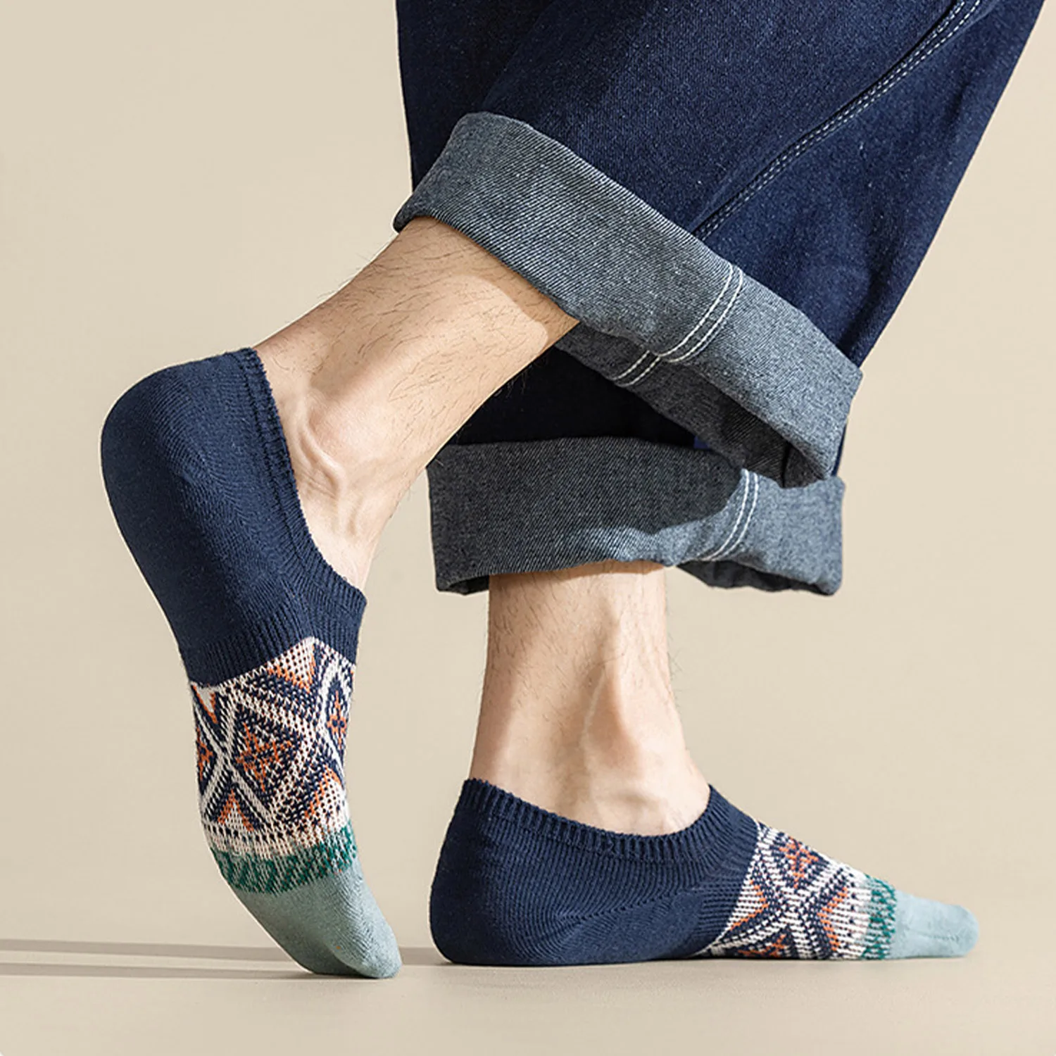 1/5Pcs Men Socks Summer Retro Rhombus Plaid Ethnic Style Low Cut No Show Soft Trendy Daily Casual Invisible Ankle Socks Unisex