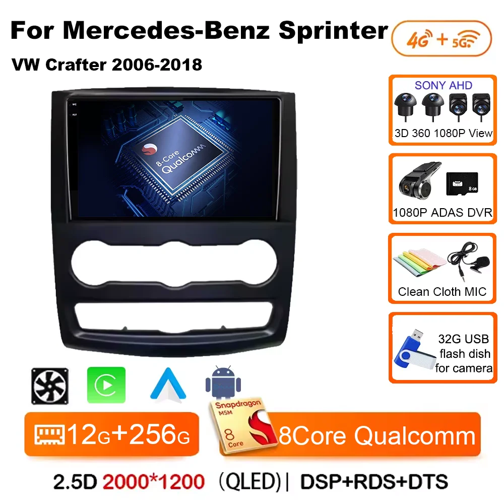 Voor Mercedes-Benz Sprinter W906 VW Crafter 2006-2018 Android 15 Autoradio 2 K QLED Scherm navigatie Draadloze Carplay Auto