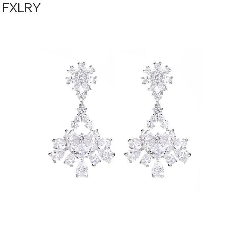 FXLRY New Fashion Inlaid Zircon Vintage Fan-shaped 925 Silver Wedding Earrings For Women