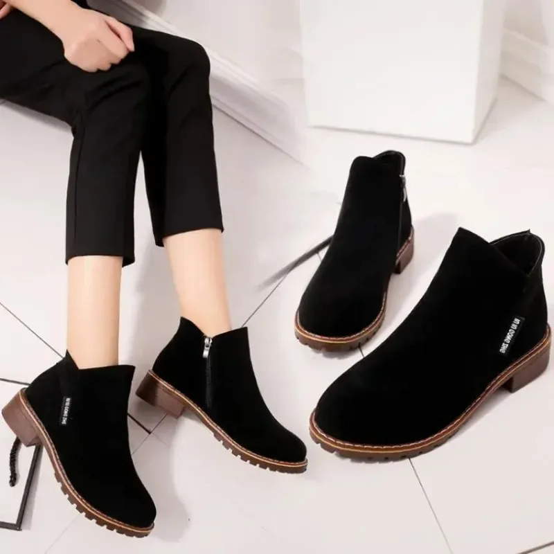 Korean Side Zipper Short Boots Female Low Chelsea Boots Non Slip Frosted Faux Suede Shoes for Women Ankle Boot Size 35-42