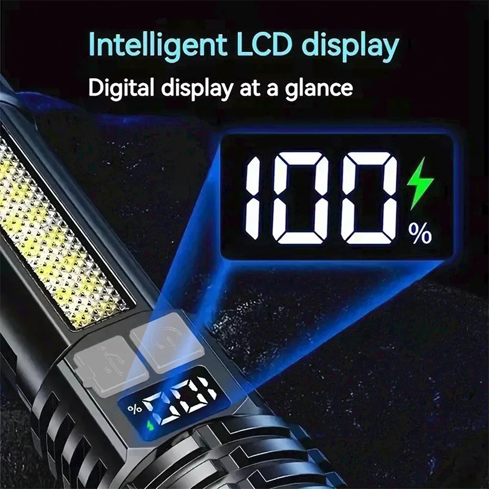 High Power LED Flashlight Powerful TYPE-C Rechargeable COB Flashlight With Side Light Torch For Outdoor Camping Hiking