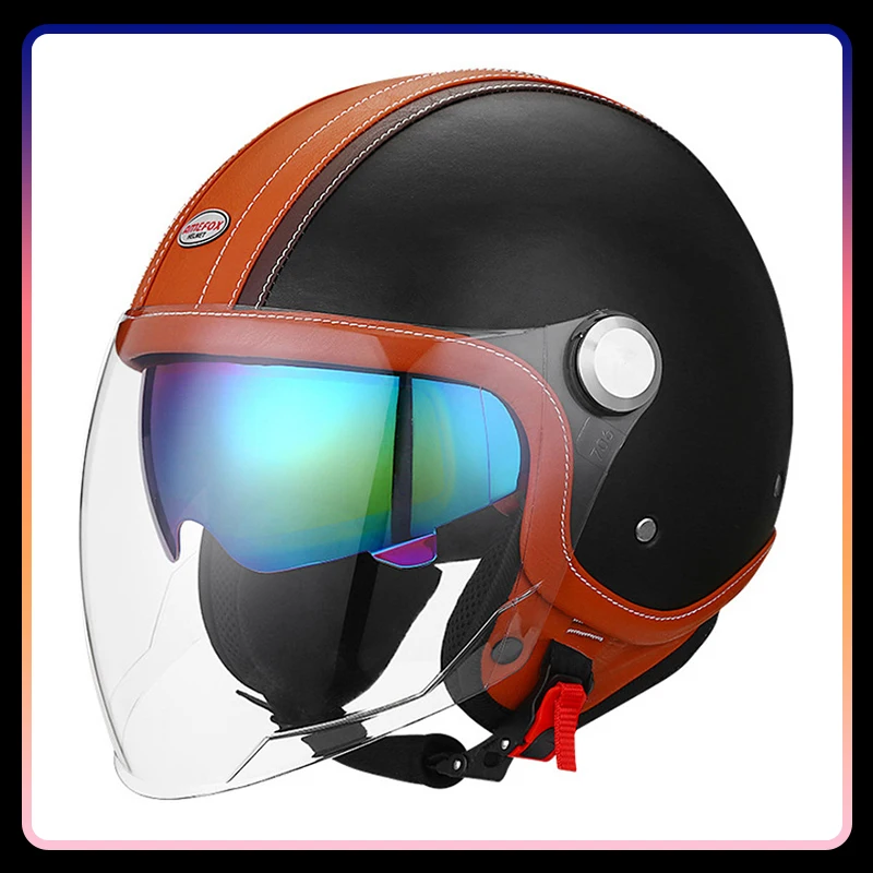 

DOT Open Face Motorcycle Helmets Double Visor Retro Jet Helmet Leather Vintage Men Women 3/4 Open Half Helmet with Inner Lens