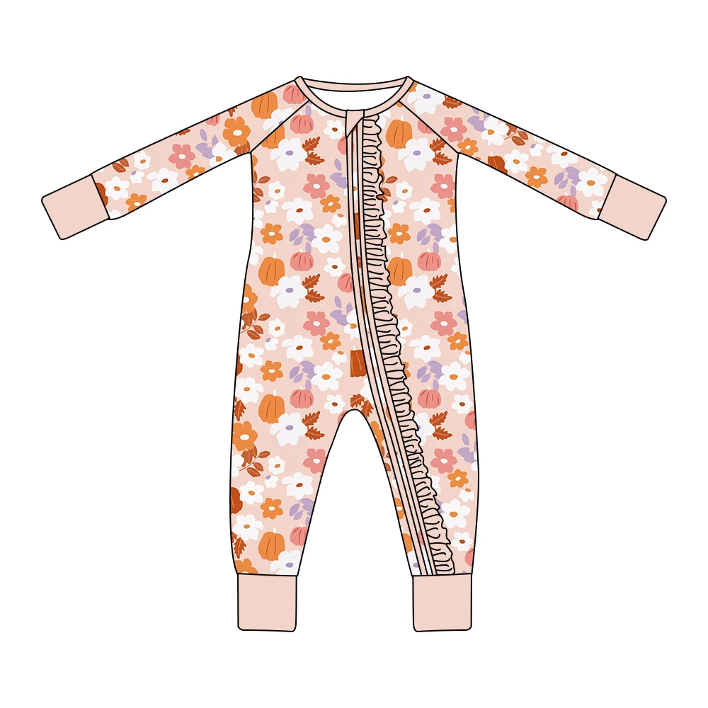 

Thanksgiving Small Floral Print Baby Girl Autumn Long-Sleeved Trousers Ruffled Decorative Pink Boutique Jumpsuit