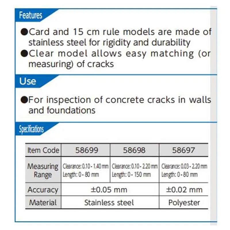 SHINWA Gap Ruler Card Type Crack Detection Seam Ruler Gap Detection Gauge 58697 58698 58699