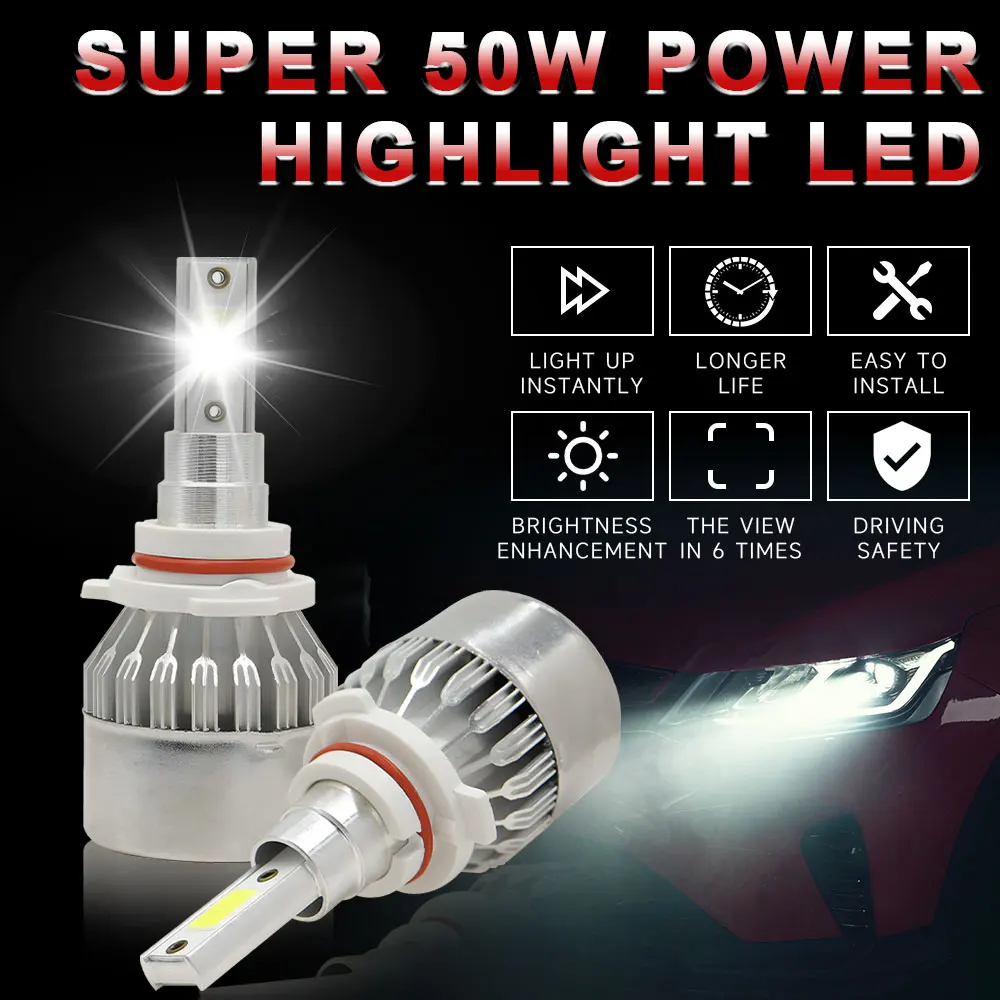 

C6 2x H7 LED H4 Hi/Lo H1 H3 HB3 HB4 9003 HB2 H13 9005 9006 Car Headlight Bulbs 6000K COB car lights 72W 8000LM Auto Headlamps