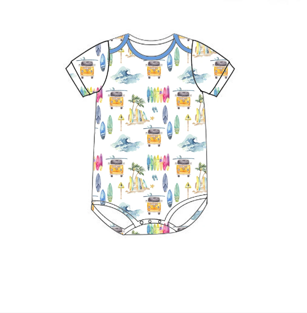 Boutique kid's rompers Crew neck short sleeves with hidden buttons beach print Custom and wholesale