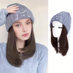 Hat wig fashionable women's autumn and winter versatile knitted hat synthetic wig natural collarbone wig hat Christmas party