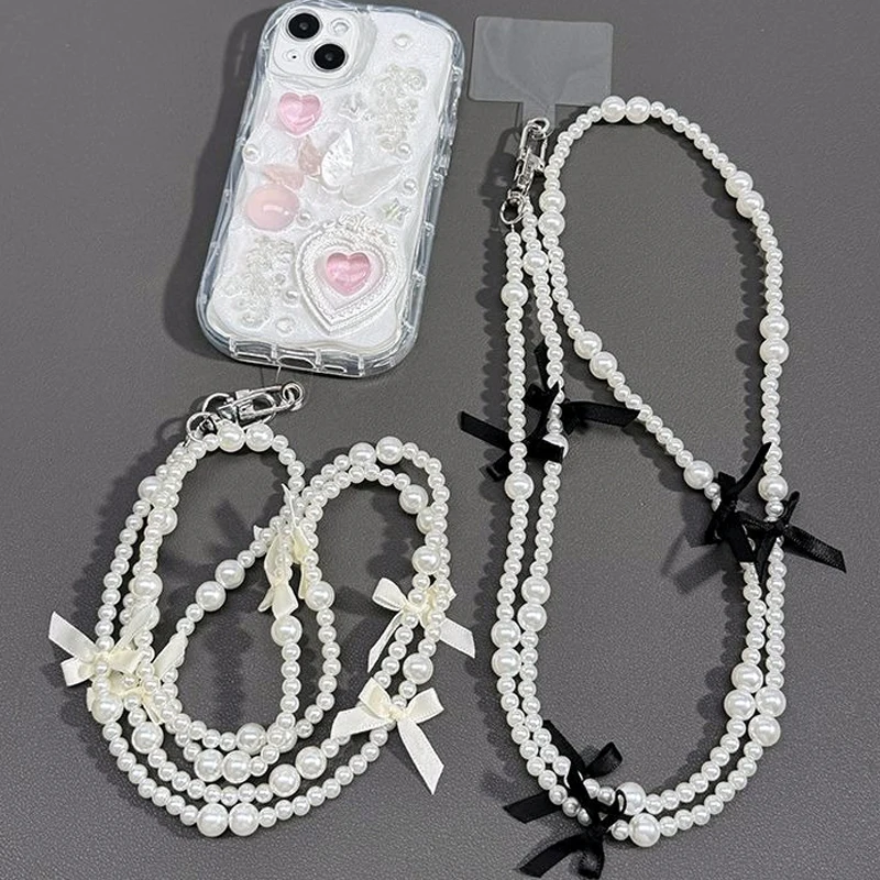 Pearl Bow Portable Mobile Phone Lanyard Crossbody Necklace Chain Long Diagonal Cross Phone Strap Anti-lost Sling for Phone Case