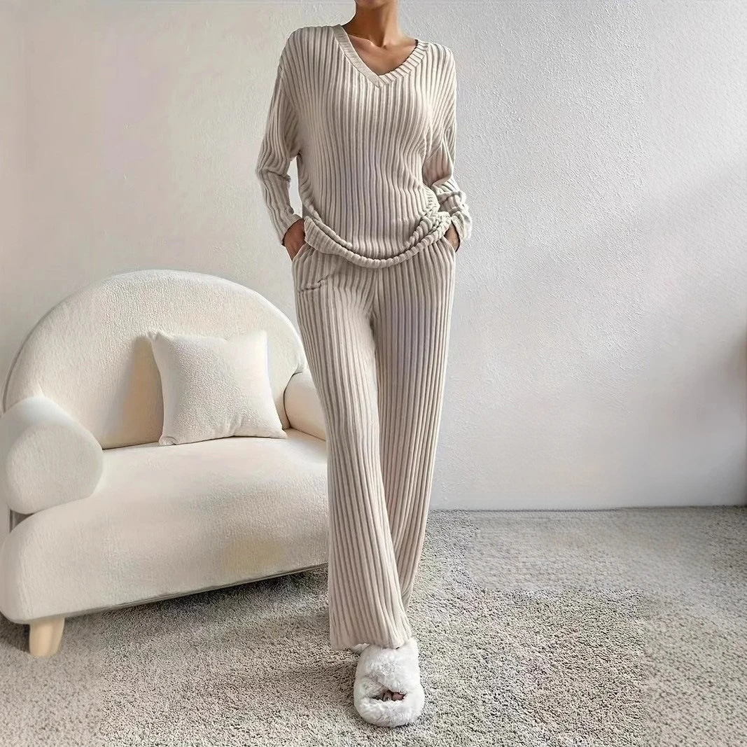 

QX Women's Suit 2025 Spring Apricot Stripes 52221 Home Fashion Casual Straight Pants Temperament Loose V-neck Two-piece Suit