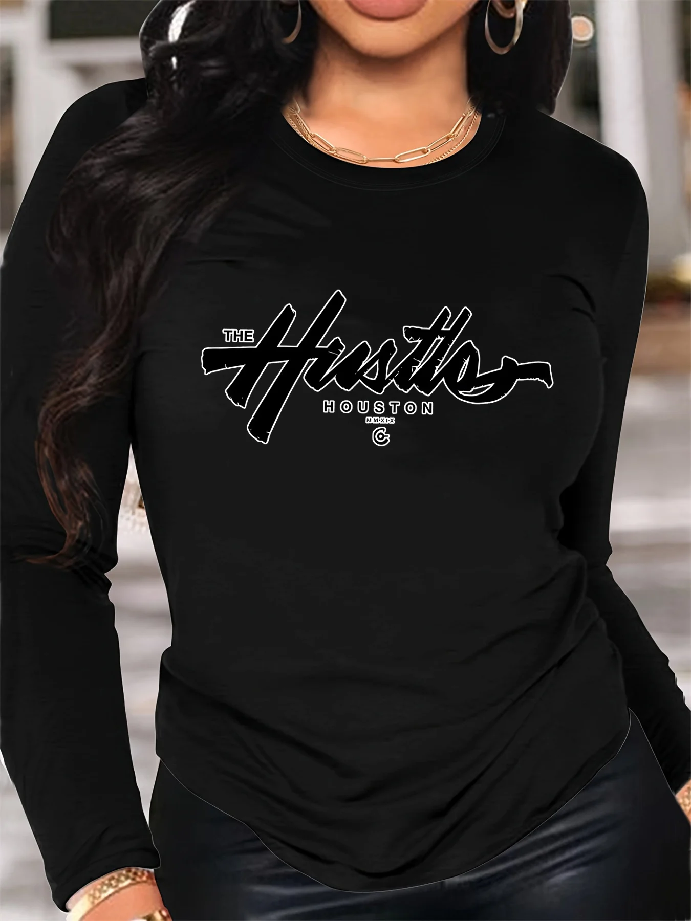 

100% pure cotton women's spring and autumn comfortable casual long sleeved Houston letter graphic printed round neck T-shirt