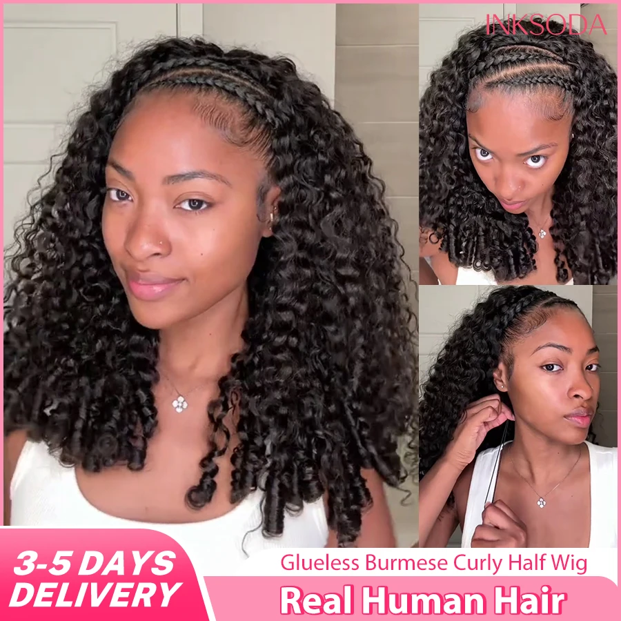 Half Wig Burmese Curly 3 In 1 Half Wigs Human Hair Glueless Seamless Flip Over 220 Density Deep Wave Human Hair Drawstring Half