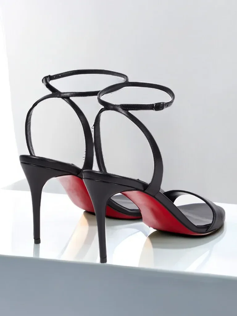 New slim heeled black sexy high-heeled sandals with black stripes, feminine temperament, comfortable commuting high heels
