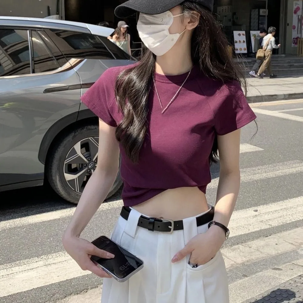 

Cute Solid Color Short Sleeve T-shirt Chic Slim Fit Y2K Crop Top Sweet Korean Style Tees Shirts Women Girls