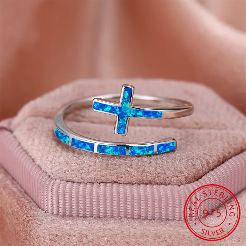 Classic Cross Blue Fire Opal Opening Rings For Women Real 925 Sterling Silver Wedding Band Jewelry