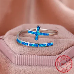 Classic Cross Blue Fire Opal Opening Rings For Women Real 925 Sterling Silver Wedding Band Jewelry