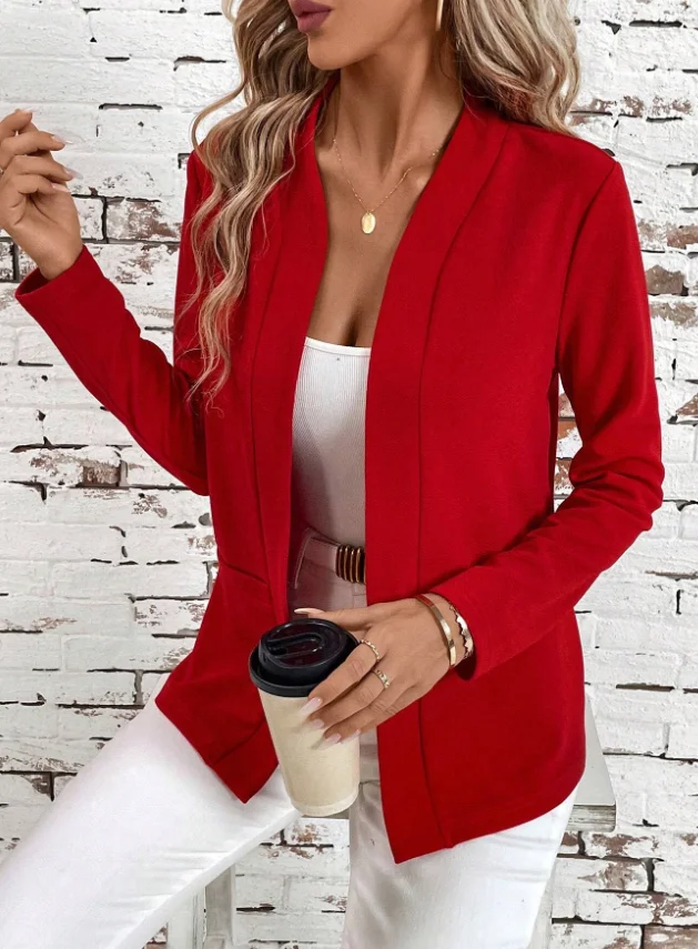 This elegant red buttonless cardigan suit jacket for women's autumn and winter is slimming and versa
