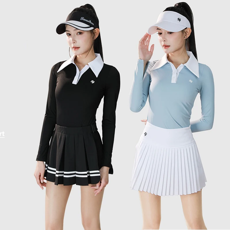SG Golf Clothing Autumn Spring Women Long-sleeve T-shirt Fashion V-neck Polo Tops Ladies High Waist Golf Tennis Skirt Slim Skort