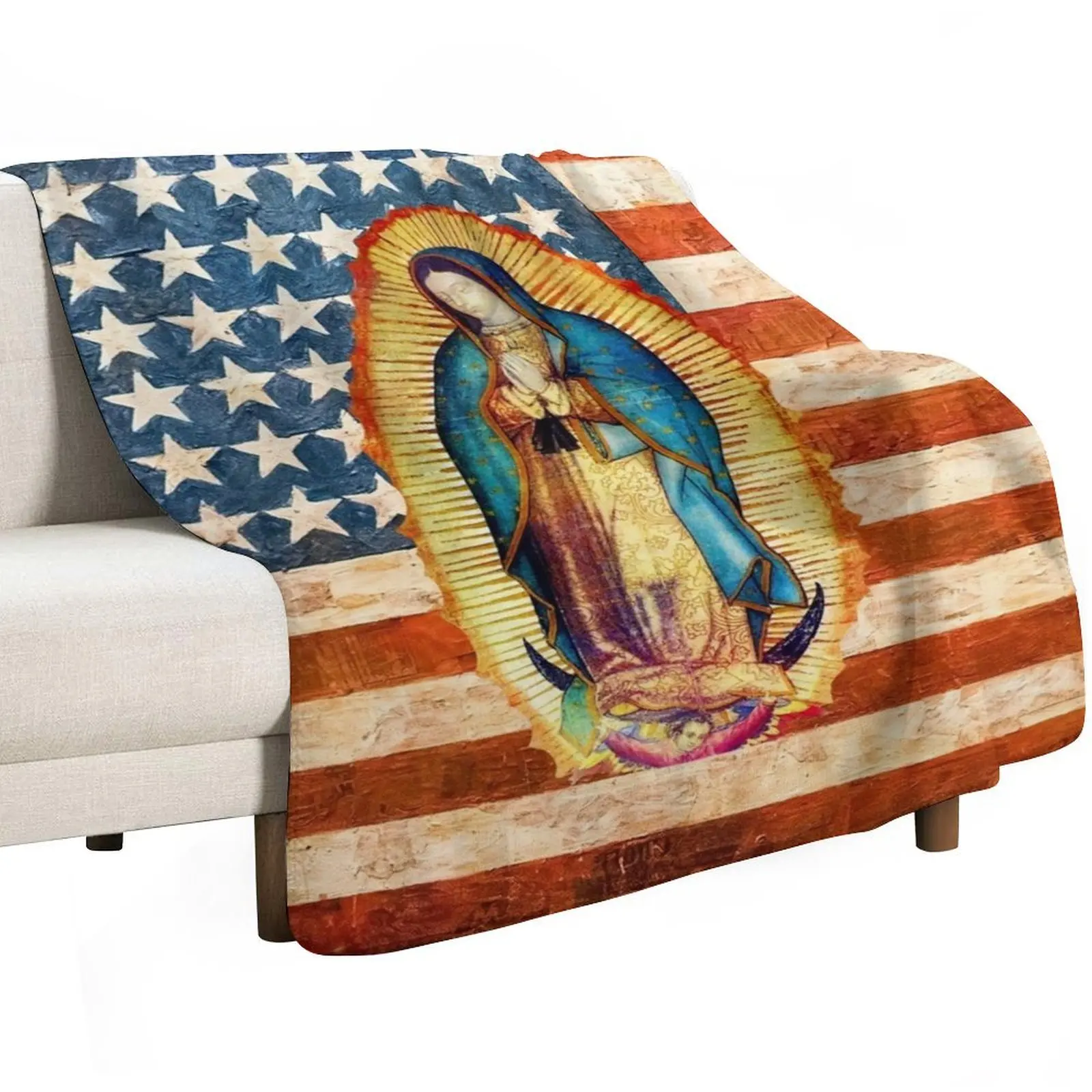 Our Lady of Guadalupe Mexican Virgin Mary USA United States Flag Mexico Catholic Throw Blanket Loose Travel Blankets