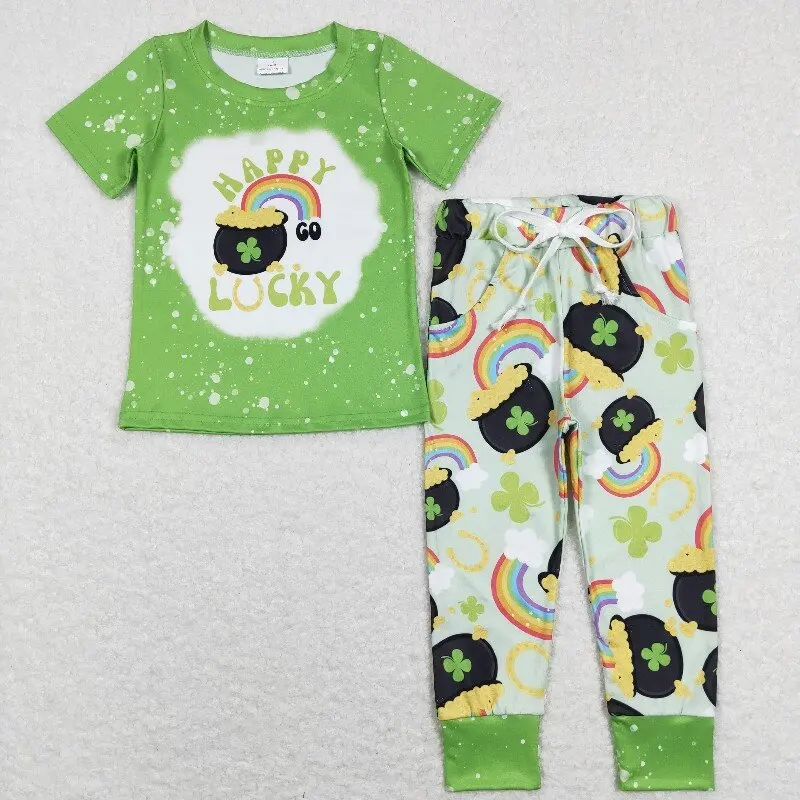 New rts St. Patrick's Day baby boys green suit wholesale boutique happy lucky four leaf clover rainbow green short sleeve trouse